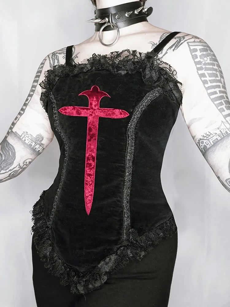 InsDoit-Gothic-Corset-Crop-Top-Black-Y2K-Lace-Trim-Cross-Embroidery-Goth-Street-Spaghetti-Straps-Cami.webp