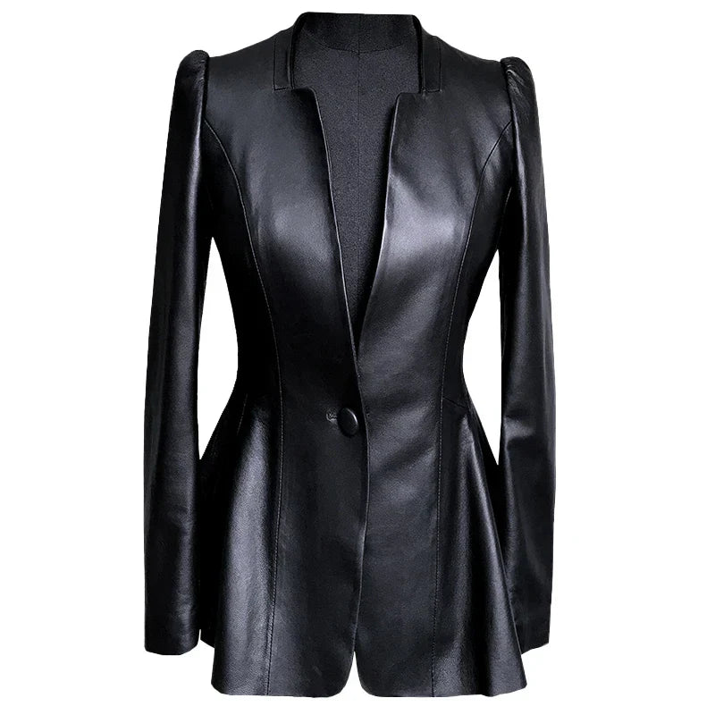 Lautaro-Autumn-Black-Slim-Soft-Pu-Leather-Jacket-Women-Deep-V-Neck-Long-Puff-Sleeve-Elegant.webp