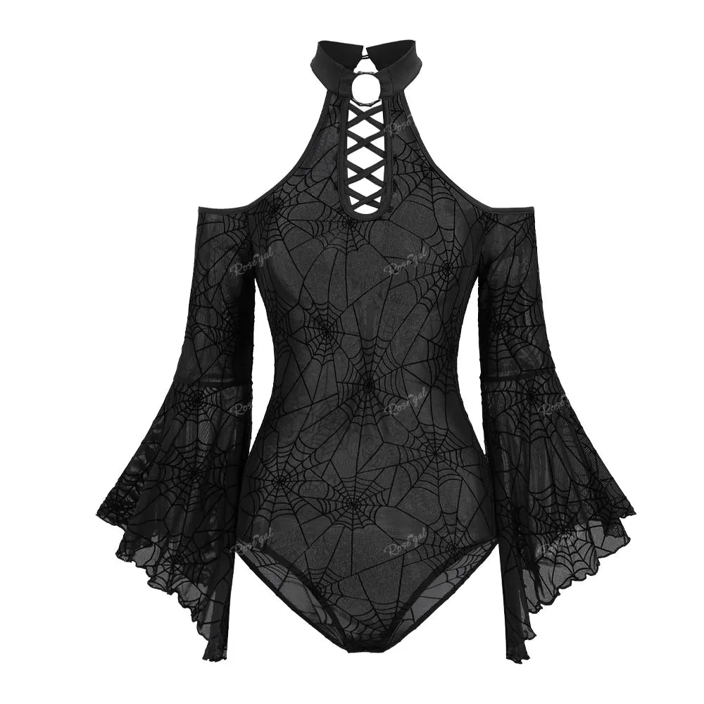 ROSEGAL-Gothic-Women-Sexy-Bodysuit-Black-Flare-Sleeves-Cold-Shoulder-Mesh-Flocking-Spider-Web-Lace-Up.webp